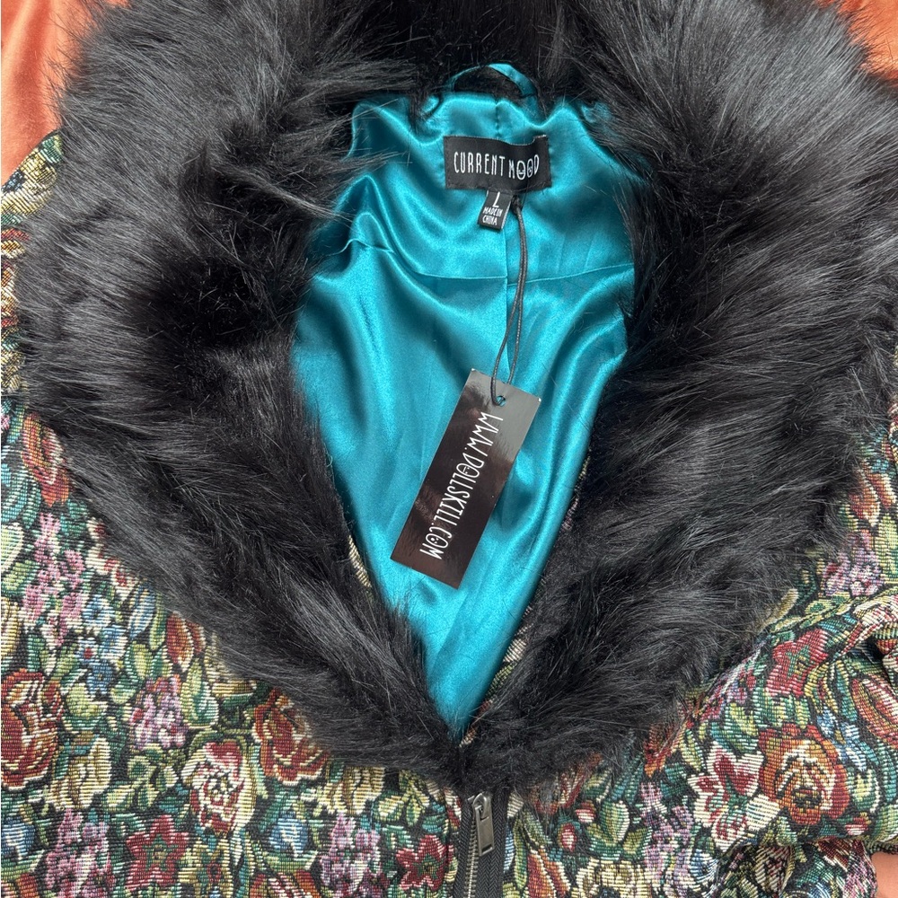 Current Mood Multicolor Floral Teddy Jacket with Black Faux Fur - Picture 3 of 6